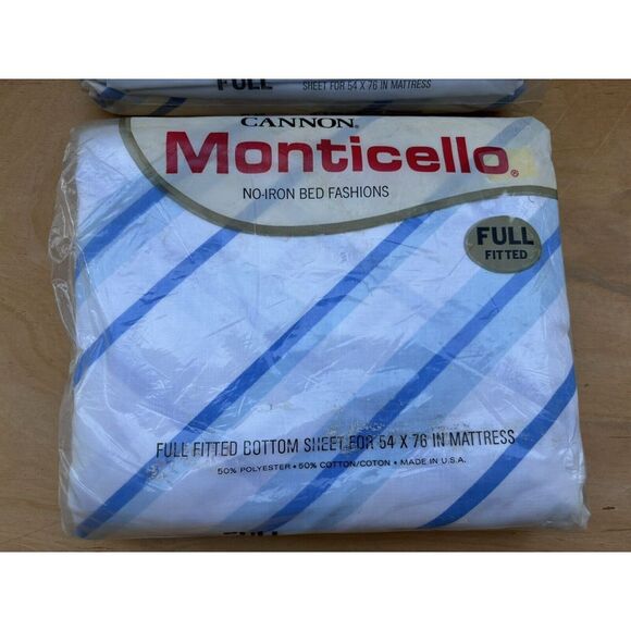 Vintage Cannon Monticello Double Full Fitted & Flat Sheet White w/Blue Stripes - Picture 3 of 8